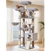Taoqimiao Tiragraffi per Gatti, 193cm Stabile Tiragraffi per Gatti Adulti xxl con 2 Accogliente Grotte, Amaca, 3 Piattaforma, cestino Sospeso, 7 Pali Graffiatoi MS047W Grigio Chiaro