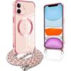 Pnakqil per Magnetica Cover per iPhone 11 con Cordino, Compatibile con MagSafe, Ultra Sottile Cuore Silicone Custodia con Laccio Tracolla, Elettrolitico TPU Case con Collana per iPhone 11 6.1, Rosa