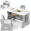 FANTASK Tavolo per bambini con sedia, regolabile in altezza, con piano inclinabile, tavolo per bambini con sedia e spazio di archiviazione, set con accessori per ragazzi e ragazze dai 3 anni, grigio