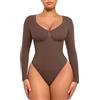 FeelinGirl Body modellante da donna, con scollo a V, maniche lunghe, copertura completa, cioccolato, M