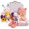 Veviur - Regalo Neonato Maschio Femmina - Regalo Nascita Bimbo Bimba - Set Nascita 8 Pezzi con Valigetta, Copertina in Cotone, Peluche e Sonaglio - Cofanetto Regalo