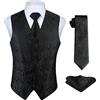 HISDERN Paisley floreale Jacquard floreale gilet e cravatta e fazzoletto da taschino set Black-2 XXL