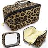 WALLFID Grande borsa per trucchi con motivo leopardato, borsa da toilette in pelle PU impermeabile, trousse da viaggio portatile o borsa da toilette donna con mini borsa trasparente leopardata