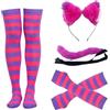 MFUOE Set di 4 costumi da gatto a righe rosa e viola con orecchie, fascia per coda e guanti, calzini da donna, accessori per cosplay per Halloween e cosplay