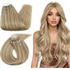 Ugeat Extension Micro Ring Capelli Veri Biondo Cenere Dorato Meches, 35 cm 50grammi, Extension Microring Capelli Veri Biondi, Corti Remy Lisci 50ciocche
