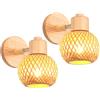 iDEGU 2 Pezzi Lampade da Parete Interni Vintage E27 Applique da Parete in Legno Paralume Bambù Lampada a Muro Orientabile Applique Rattan per Camera da Letto, Soggiorno, Corridoio, Ristorante (13cm)