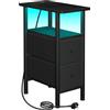 AMHANCIBLE Comodino sottile con stazione di ricarica, tavolino stretto con luci a LED, tavolino piccolo con 2 cassetti in tessuto, comodino per piccoli spazi, soggiorno, camera da letto, nero