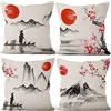 Aoihrraan 41x41cm Confezione da 4 Giapponese CopriCuscini Divano Rosso Sole Bianco E Nero Paesaggio Monte Fuji Quadrata Federe Per Cuscini Decorazione In Lino Taverna Arredo Tatami Letto Soggiorno