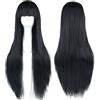 Colorful panda 80 cm / 32 Parrucca da donna capelli lisci lunghi, stile bello, parrucca sintetica per donne e ragazze, per cosplay, festival, costumi da festa, carnevale (Nero con frangia)