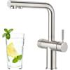 Faustina Rubinetto da cucina a 3 vie con doccetta estraibile, rubinetto a doppia leva, rubinetto per lavello, rubinetto da cucina, per osmosi inversa e filtro dell'acqua in acciaio inox spazzolato