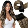 LaaVoo Extension Tessitura Capelli Veri Nero Naturale a Marrone Cioccolato con Biondo Caramello Balayage, Matassa Morbida Remy, Setosi, per Sposa e Matrimonio 35cm 80g #1b-4-27