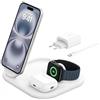 Belkin BoostCharge Caricabatteria magnetico pieghevole 3 in 1 con Qi2 da 15 W, Caricatore rapido compatibile con MagSafe, Apple iPhone 17, Air, Pixelsnap, Apple Watch ed AirPods, alimentatore - Bianco