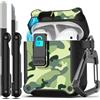 RFUNGUANGO Compatibile con Cover Custodia Airpods, pop-up automatico con clip di blocco di sicurezza, rigida antiurto per tutto il corpo con portachiavi,camuffamento della foresta pluviale