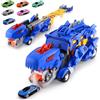 Vattikam Camion dei Dinosauri Trasformabile con Pista di Gara, Camion Trasporto Giocattolo con 6 Auto da Corsa, Pista Doppia Pieghevole (114 cm), Regalo Natale Compleanno per Bambino Età 3+