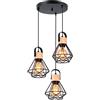 iDEGU 3 Luci Lampadario a Sospensione Vintage Industriale, Lampada da Soffitto in Legno e Metallo Nero Gabbia Geometrica 16cm Retro Lampada a Sospensione Interni per Camera da Letto Cucina (Piatto)