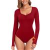 WOWENY Body termico da donna, a maniche lunghe, elegante, scollo a V, a maniche lunghe, Colore: rosso, M