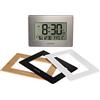 AcuRite Orologio digitale wireless da parete/da tavolo, con 4 cornici in plastica intercambiabili, in acciaio inox, bambù, nero opaco e bianco opaco, con data, temperatura interna e fasi lunari (75439