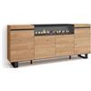Skraut Home | Credenza, Mobile, Cucina | Madia, mobile ingresso | 200x87x35cm | 4 Porte | Camino elettrico | Design industriale | Stile moderno | Rovere e nero