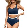 Tuopuda Costume da Bagno Donna Due Pezzi Push Up Imbottito Reggiseno Costumi da Mare Bikini Set a Spiaggia Piscina Curvy Beachwear Swimwear Vita Alta, Marina Militare, M