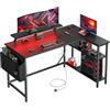 DOMSHOCT Scrivania da gioco a forma di L con luci a LED e prese di corrente, tavolo angolare per computer da 140 x 80 cm, con borsa portaoggetti, ripiani regolabili e grande supporto per monitor