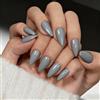 KQueenest Unghie finte a pressione grigio scuro a mandorla, lunghezza media, unghie finte lucide in tinta unita grigio pietra, a stiletto, riutilizzabili, in gel morbido, per donne, 24 pezzi