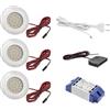 JungesLicht - Set di 3 faretti da incasso per mobili, in alluminio spazzolato, 2 Watt, luce bianca calda, 3000 Kelvin, con trasformatore LED da 15 Watt e connettore (set completo)