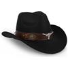 TOLASTO Cappello da cowboy Western Style da donna e uomo, in pelle con applicazione a testa di toro e cinturino regolabile (56-58 cm), cappello a tesa larga per festival, giardinaggio e feste a tema (nero