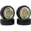 KINGCOO RC - Set di pneumatici e ruote, 4 pneumatici in gomma da 64 mm e rivestimento in plastica, cerchione esagonale da 12 mm, per pneumatici da 1/10 RC On Road Touring Racing Drift (oro/argento
