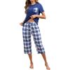 TeJoyce Pigiama Donna Estivo Corto Cotone, Pigiami Due Pezzi da Donna Pigiama a Manica Corta Top E Pantaloni Lunghi 3/4 a Quadri con Tasche e Cintura Regolabile, Elegante e Leggero per Notte e Relax