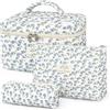 YMIFEEY 3 sacchetti per cosmetici, da donna, per trucchi, da donna, per trucchi, per trucchi, cosmetici, da viaggio, per donne, Fiori blu., Motivo floreale
