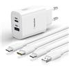 GlobaLink 20W Caricatore iPhone Rapido,Caricatore USB C+2M Cavo USB C a Lightning+2M Cavo Lightning Certificato MFi,2 Porte (USB A e C) Ricarica Rapida Compatibile con iPhone 13/12/SE/11ProMax/XS/XR