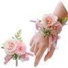 OUKEYI Set di 2 bouquet da polso a forma di rosa, fiore all'occhiello, per matrimonio, da uomo, per matrimonio, bouquet con rose bianche, da donna, per sposa, damigella d'onore, corsageper da polso,