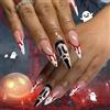 Ztcily 24 unghie finte Halloween Almond lunghe nere e rosse, design vampiro e rosso sangue Halloween spaventosi, kit unghie finte per feste da donna