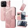 JIUNINE Custodia Protettiva per Redmi Note 14 5G / Poco M7 Pro 5G, Cover Libro PU Pelle Antiurto Portafoglio con Design Farfalle 3D, Slot per Carte, Chiusura Magnetica, Oro rosa