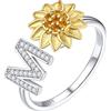 ChicSilver Anello con lettera iniziale da donna in argento Sterling 925, con fiore di girasole e zirconi brillanti, apertura regolabile da 52 a 62 mm, Réglable 52-62mm, Argento sterling