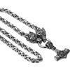 JewelryWe Collana da uomo a forma di lupo vichingo, con ciondolo a forma di martello di Valknut Thor, con catena a maglia bizantina, in acciaio inox, mitologia nordica, amuleto, gioielli per uomini,