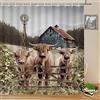 Yadshoti Highland - Tende da doccia per bestiame, rustiche, mulino a vento, con tre mucche, recinto in legno, paesaggi e paesaggi a tema paese, set di tende in tessuto, 177 x 199 cm, con ganci