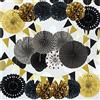 DOJoykey Cojoy Set di decorazioni per feste in nero e oro, 21 pezzi di ventagli di carta appesi, fiori di pom pom, bandiere di stamina di carta per matrimonio compleanno decorazioni per feste di Natale