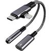 Pubiohs Adattatore 2-in-1 USB-C e Lightning a Jack 3.5mm + Carica Rapida 60W - Compatibile con iPhone 16/15/14/13/12/11, Android, iPad, MacBook (Supporta Audio e Ricarica Simultanea)