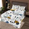Loussiesd Set copriletto per Bambini in Stile Cartone Animato per Bambini Set di Attrezzature per la Decorazione Camion Trapuntato copriletto Auto Escavatore Trattore Bianco giallo170X230cm