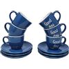 CUCUBA Set 6 Tazzine da Caffè in Ceramica Scritta Good Day con Piattini 70ml Lavabili Colore Blu
