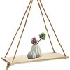 FuninCrea Scaffale da Parete in Legno, 35 * 14 * 1cm, Rustico Muro Mensola Appeso con 2 Corde di Canapa, Scaffali Legno Galleggianti per Decorazione Della Stanza (beige)
