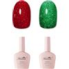 Imtiti Set di 2 smalti UV per unghie, 10 ml, colore rosso e verde, glitterato, smalto per unghie soak off, LED, per autunno, inverno, manicure, salone in gel