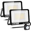RIGIDON 2x 100W faretto con pir sensore di movimento 10000lm proiettori led | senza spina, 3000K bianco caldo, fari di Sicurezza, luci esterno per giardino garage patio terrazza cortile, impermeabile