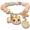 napoolo Bracciale da donna in pietra naturale al quarzo rosa 8 mm - perle alla moda ciondoli gatto, orologio e trifoglio portafortuna - gioiello elastico chic da donna 18 cm - fantasia elegante, M,