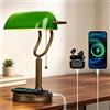 JCPYIUL Lampada da tavolo Bankers in vetro verde, Lampade da tavolo classiche, Retro lampada da tavolo con caricatore wireless USB, Lampada da comodino con funzione di ricarica in ottone antico