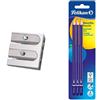Herlitz 8680324 Temperino Doppio Ingresso, in Alluminio, per Disegno Tecnico + 978783 Matite Grafite 2B, Legno FSC, Fusto Verniciato a Sezione Esagonale, Mine Resistenti Rottura, 3 Pezzi