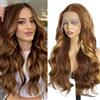 Worldnewhair Blonde Brown Long Body Wave Sintic Lace Front Wig Highlight Brown 13x6 HD Lace Wigs for Women 26 Inch Wavy Pre Plucked Heat Resistant Fiber Hair Wig for Daily Party Date