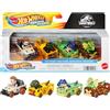 Hot Wheels RacerVerse - Set di 4 veicoli die-cast con piloti i personaggi di Jurassic World, include Charlie, Owen, Dilofosauro e Allosauro, giocattolo per bambini, 3+ anni, HKD32