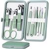 HANTEKAS 10 in 1 kit per manicure in acciaio inox, tagliaunghie, forbici, pedicure, kit di strumenti per toelettatura portatile per uomo e donna con custodia in pelle (verde giada)